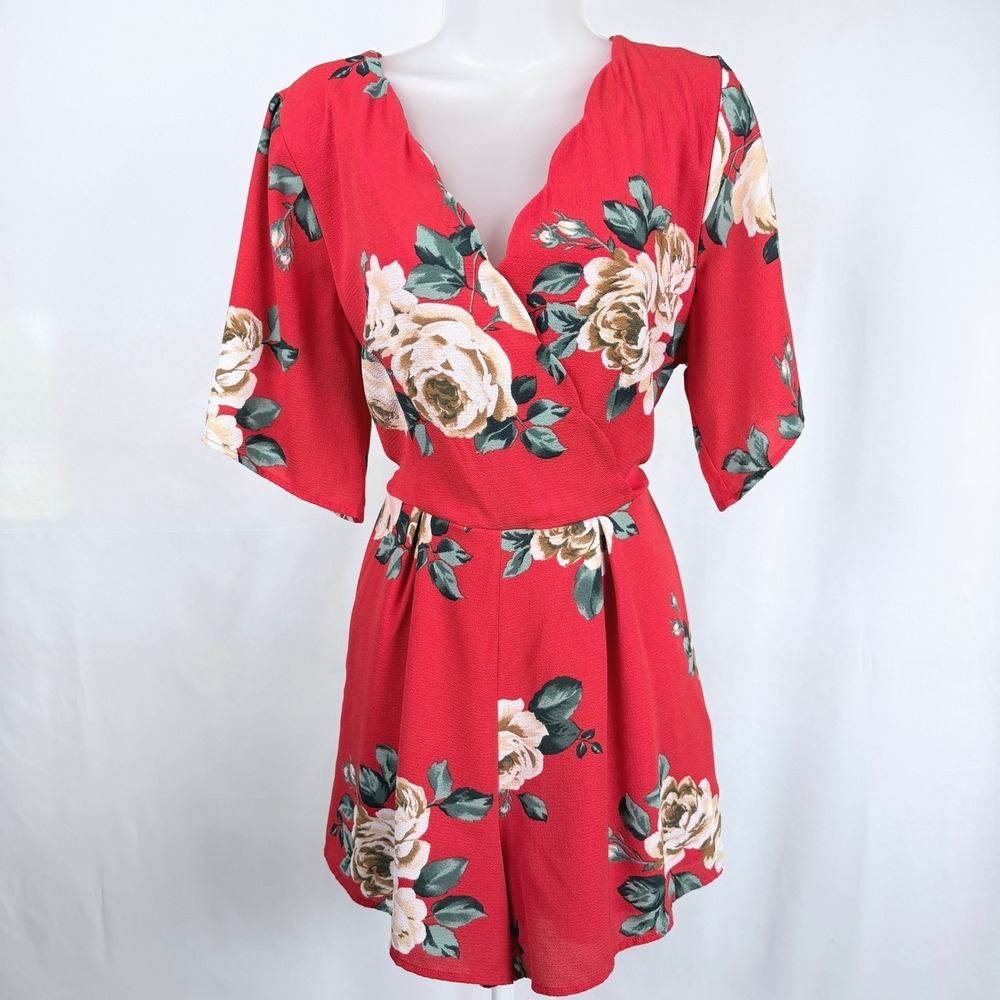 Charlotte‎ Russe XL Bold Floral Red Faux Wrap Romper Bell Sleeve Rose Print